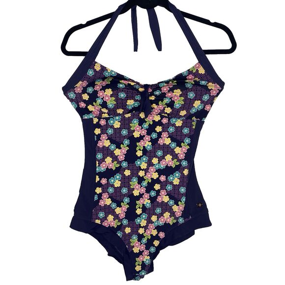 Tu Women’s Halter Swimsuit US 8 10 Floral Print Purple Padded Bust 12 UK - Picture 2 of 10